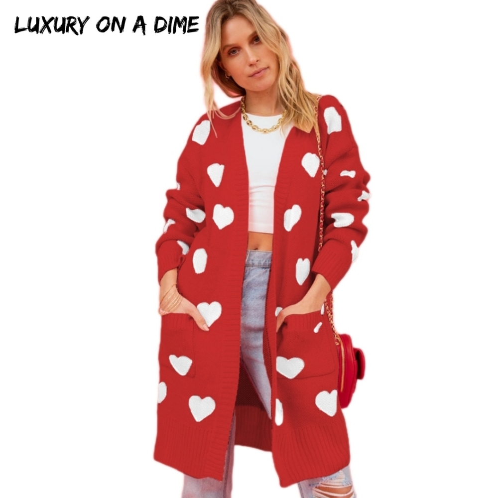 Contrasting Heart Knit Open Front Longline Pocket Sweater Cardigan Valentine - Picture 4 of 9